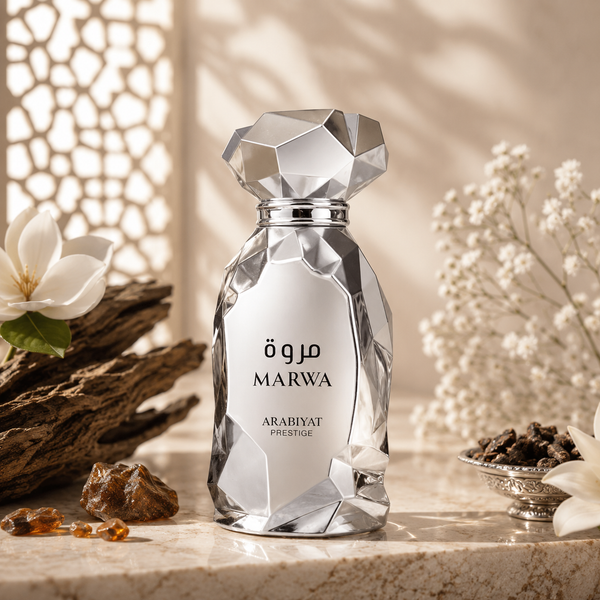 Arabiyat Prestige Marwa parfymflaska 100 ml i silver med facetterad design