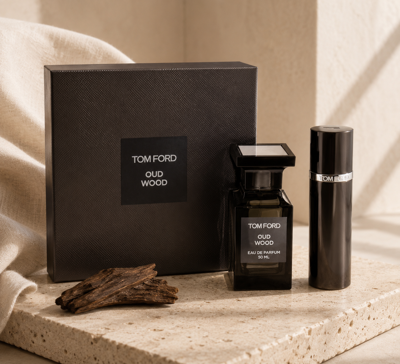 Tom Ford Oud Wood Eau de Parfum 50ml Set with Travel Spray and Box